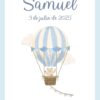 Affiche de naissance ourson en montgolfière bleu