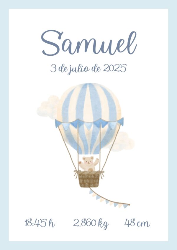 Affiche de naissance ourson en montgolfière bleu