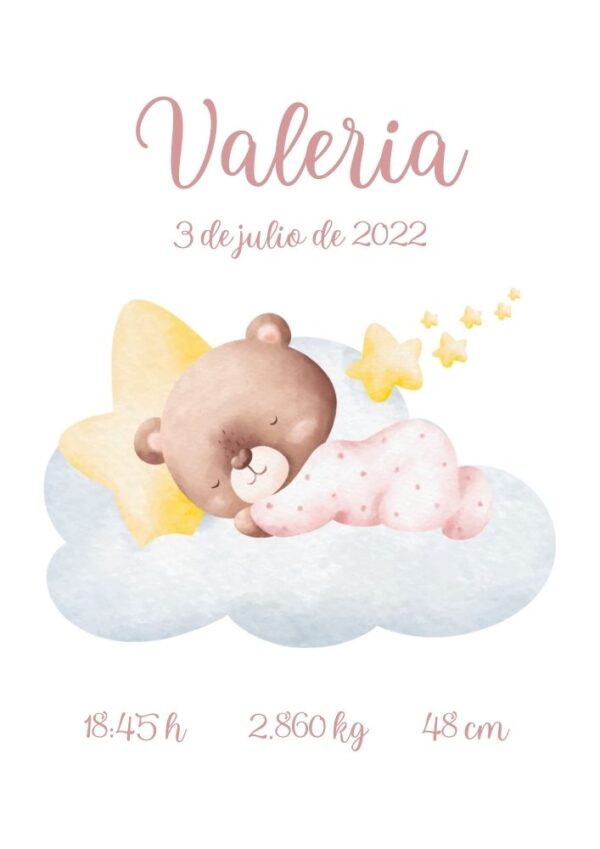 Affiche de naissance bébé ourson sur le nuage rose