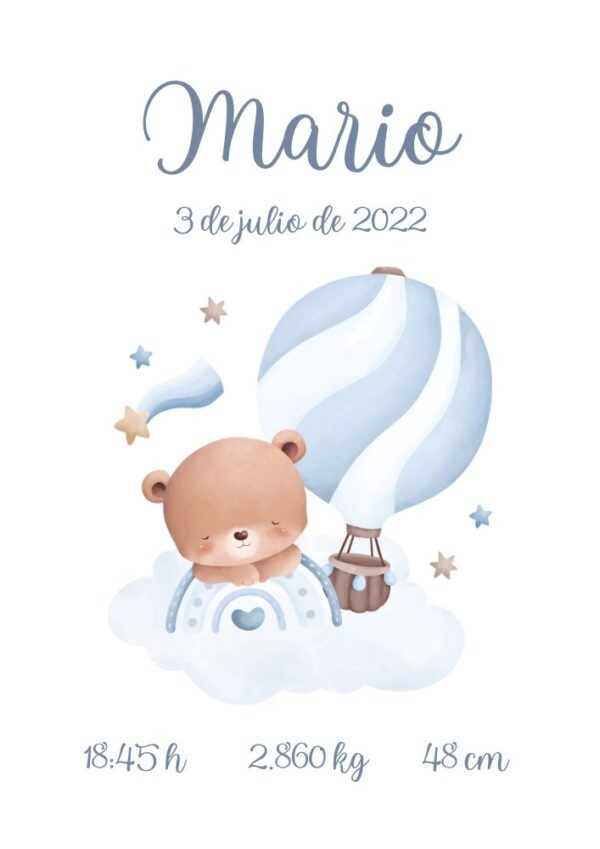 Affiche de naissance bébé ours bleu