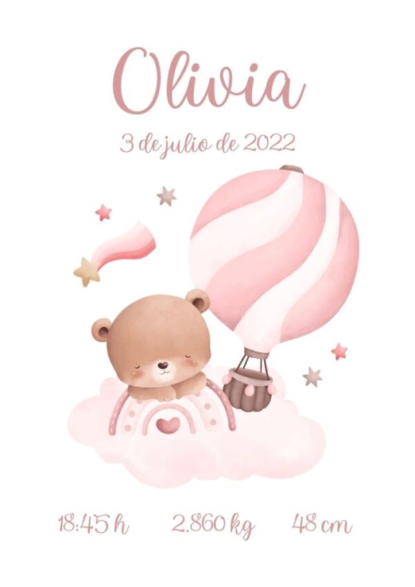 Affiche de naissance bébé ourson rose