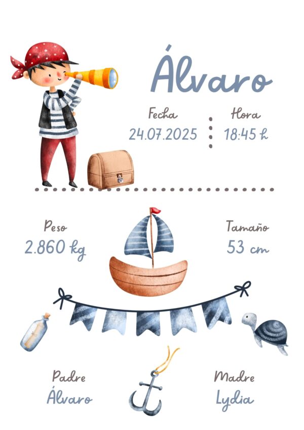 Affiche de naissance personnalisée aventure pirate