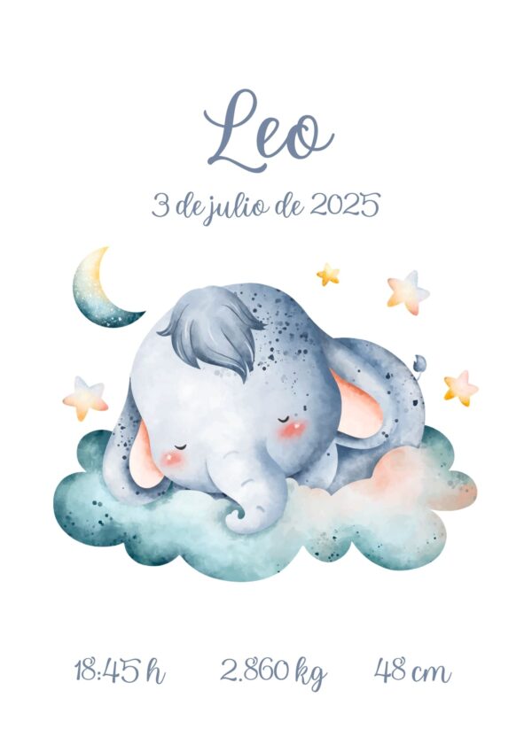 Affiche de naissance personnalisée doux rêves d’éléphant