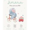 Affiche de naissance personnalisée éléphanteau à vélo