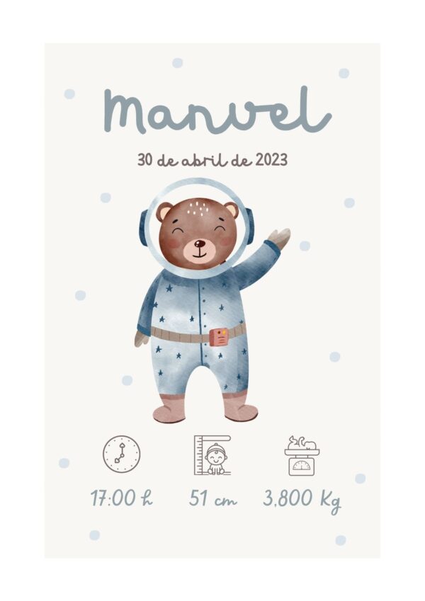Affiche de naissance personnalisée ourson de l’espace
