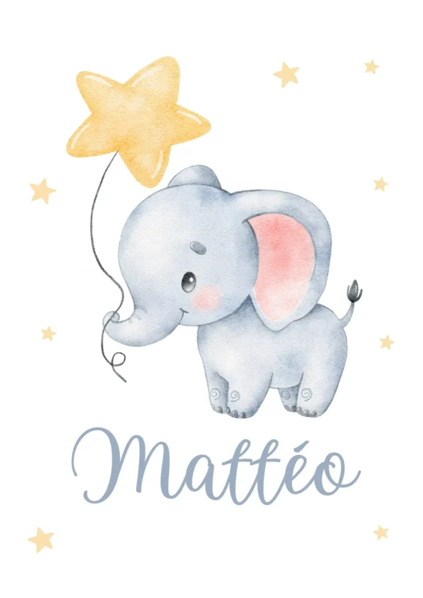 Affiche enfant éléphanteau avec son étoile personnalisée