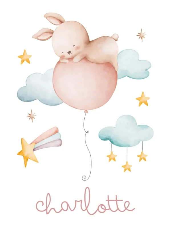 Affiche enfant personnalisée petit lapin flottant parmi les étoiles