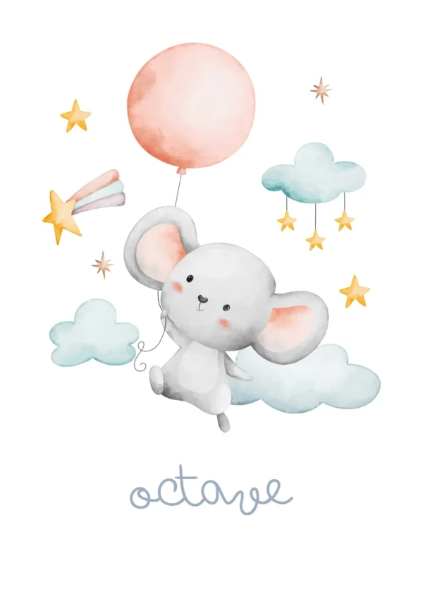 Affiche enfant personnalisée petite souris flottant parmi les étoiles