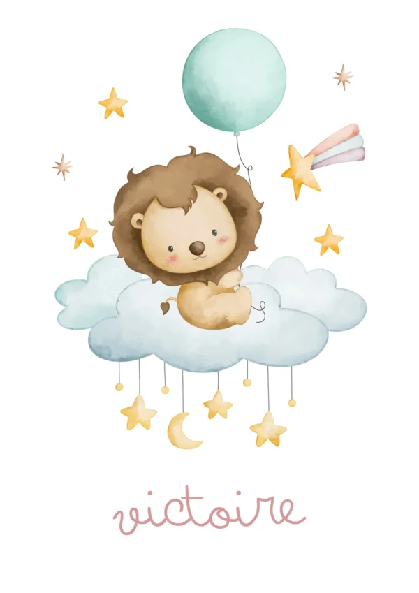Affiche enfant personnalisée lion flottant parmi les étoiles