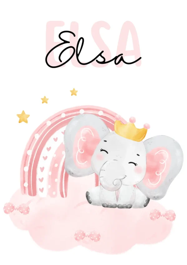 Affiche enfant éléphanteau sur l’arc-en-ciel personnalisée