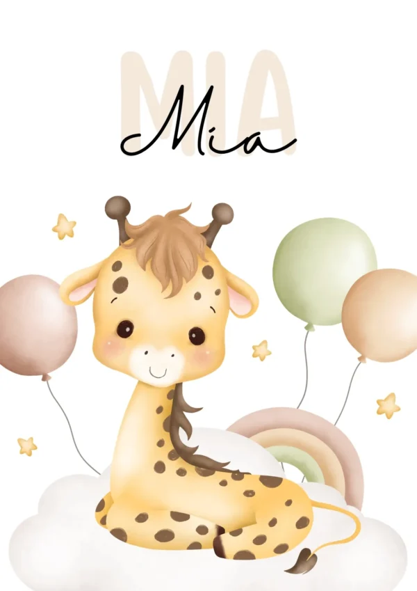 Affiche enfant girafe bébé sur le nuage personnalisée
