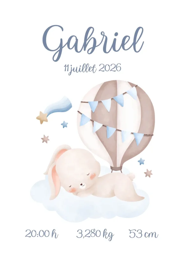Affiche de naissance bébé lapin bleu