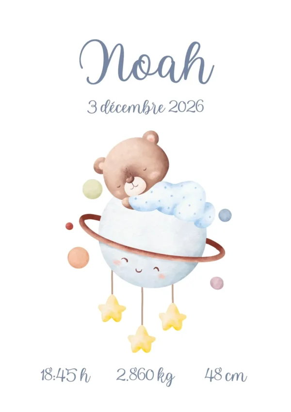 Affiche de naissance ourson personnalisée