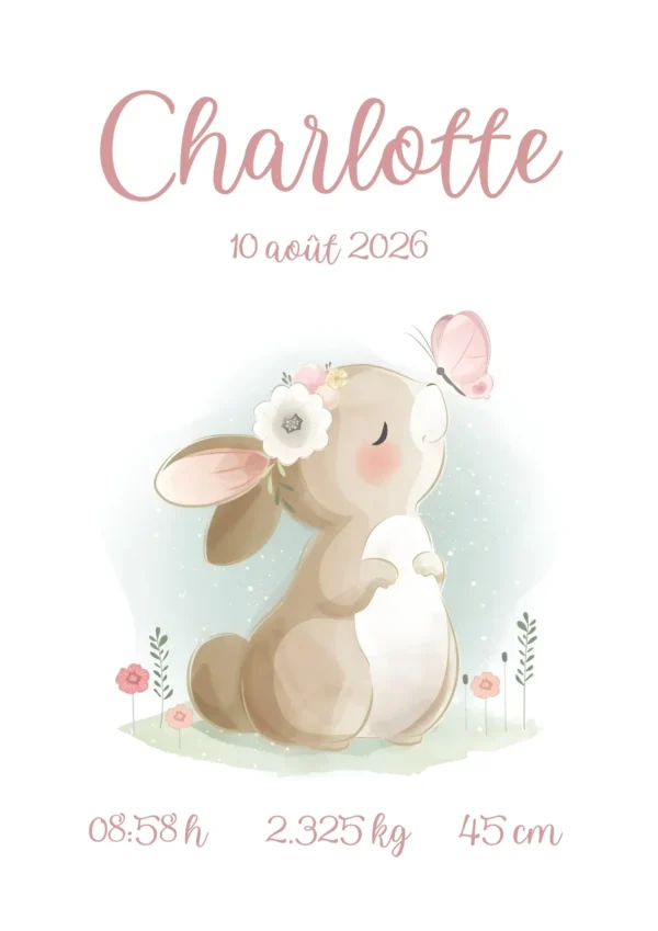 Affiche de naissance personnalisée lapin et papillon