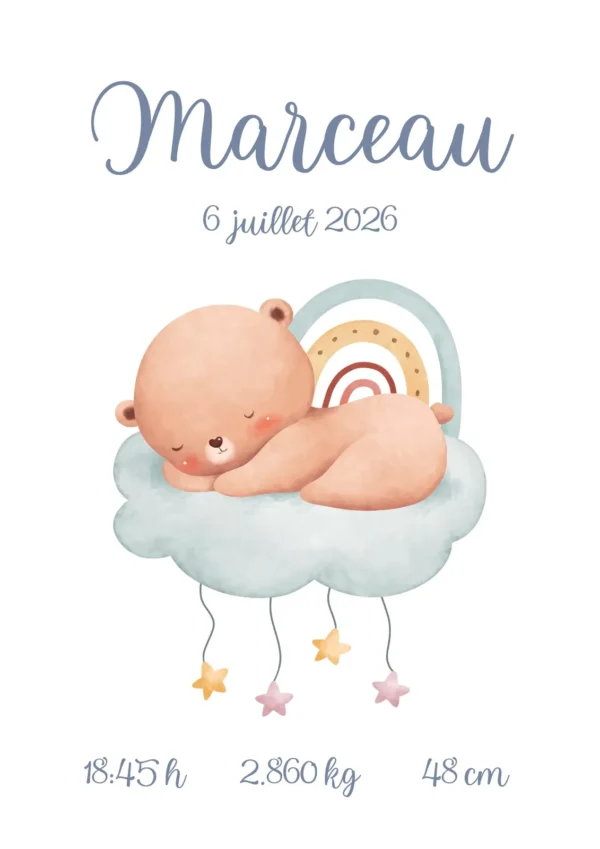Affiche de naissance personnalisée ours