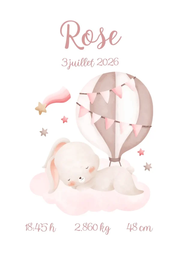 Affiche de naissance bébé petit lapin rose