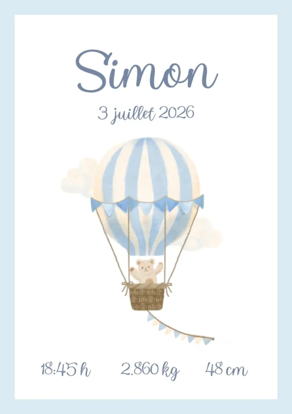 Affiche de naissance ourson en montgolfière bleu