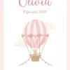 Affiche de naissance bébé ourson en montgolfière rose