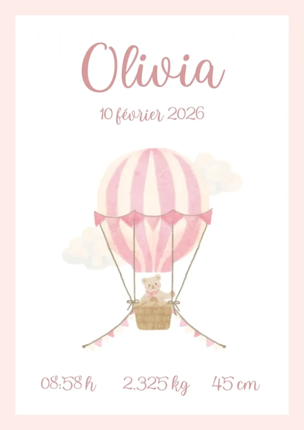 Affiche de naissance bébé ourson en montgolfière rose