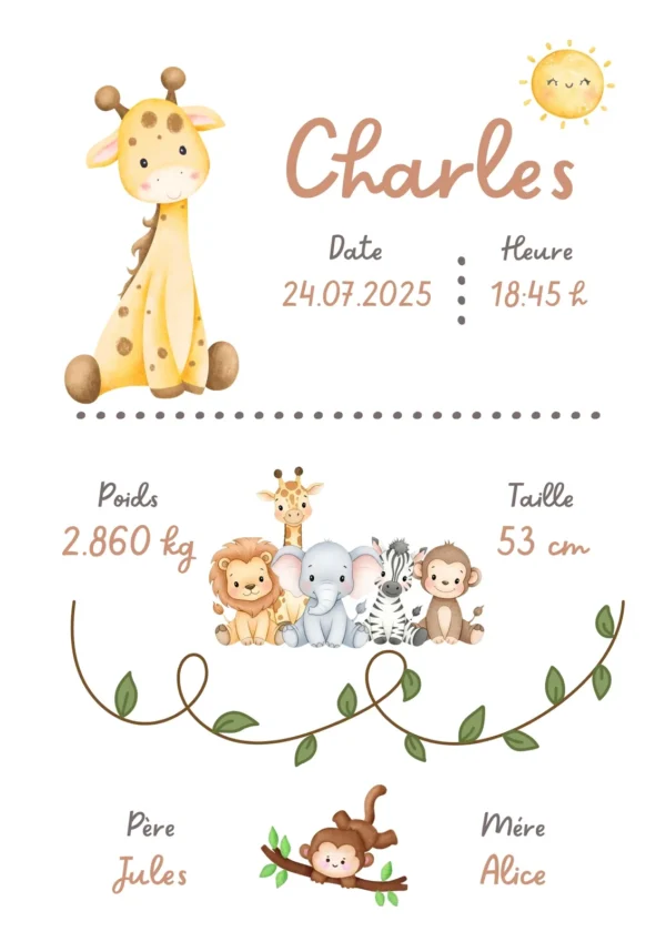 Affiche de naissance personnalisée animaux de la jungle