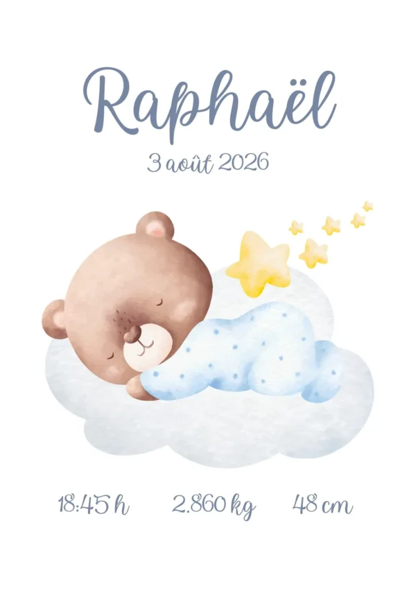 Affiche de naissance bébé ourson bleu