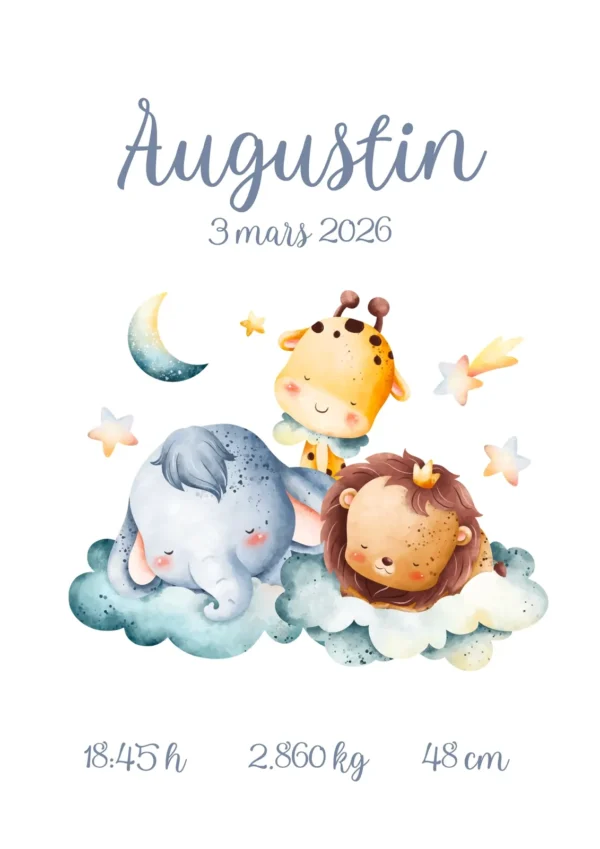 Affiche de naissance personnalisée animaux rêveurs
