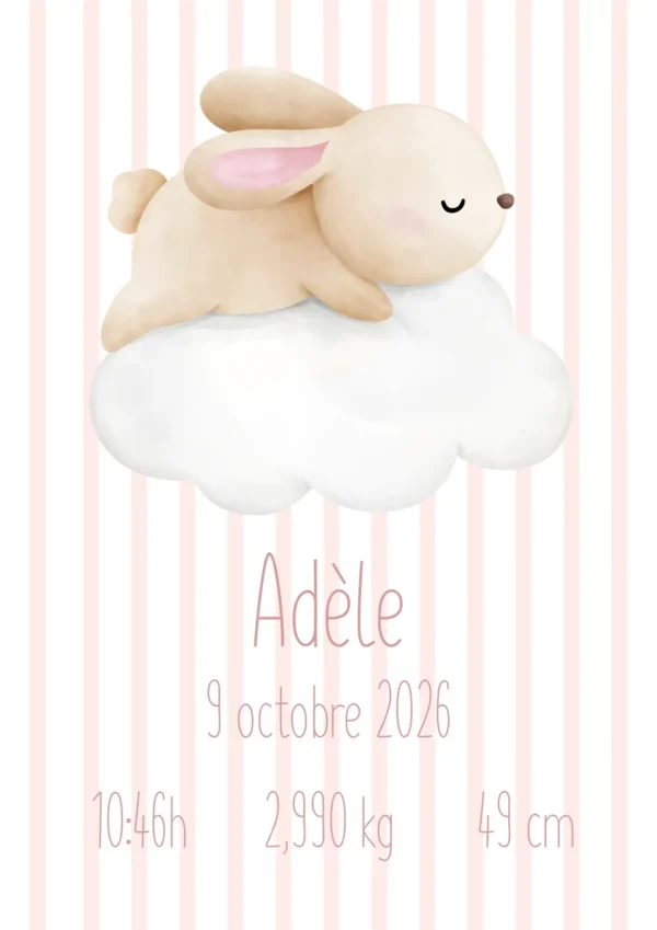 Affiche de naissance personnalisée lapin sur un nuage à rayures