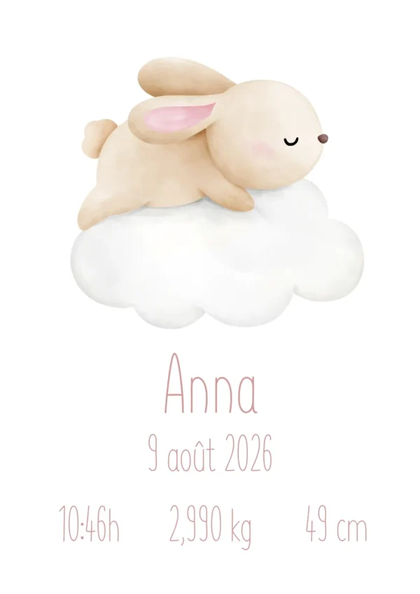 Affiche de naissance personnalisée lapin sur un nuage