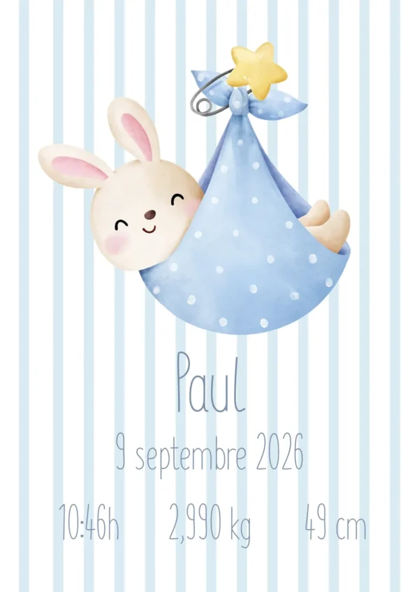 Affiche de naissance personnalisée lapin dans un sac à rayures