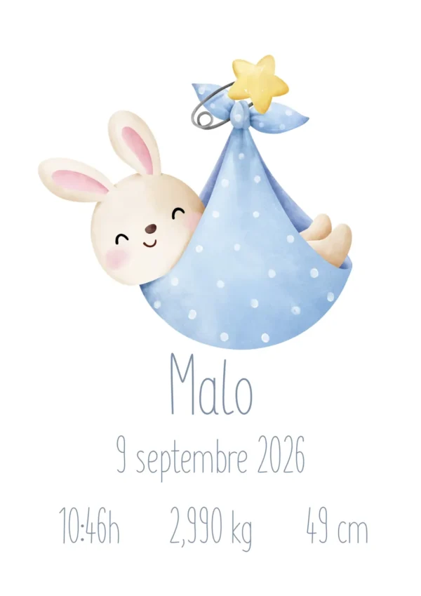 Affiche de naissance personnalisée lapin dans un sac