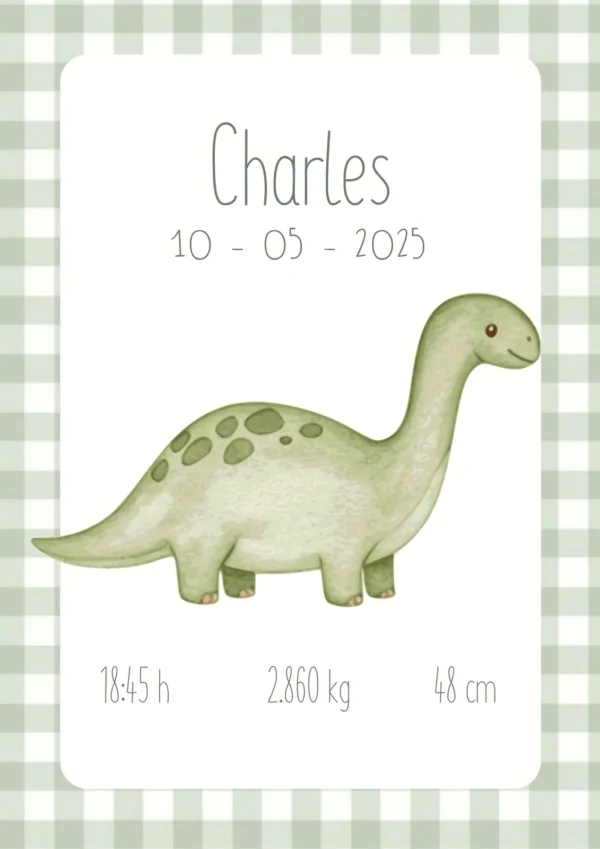 Affiche de naissance personnalisée dinosaure vert