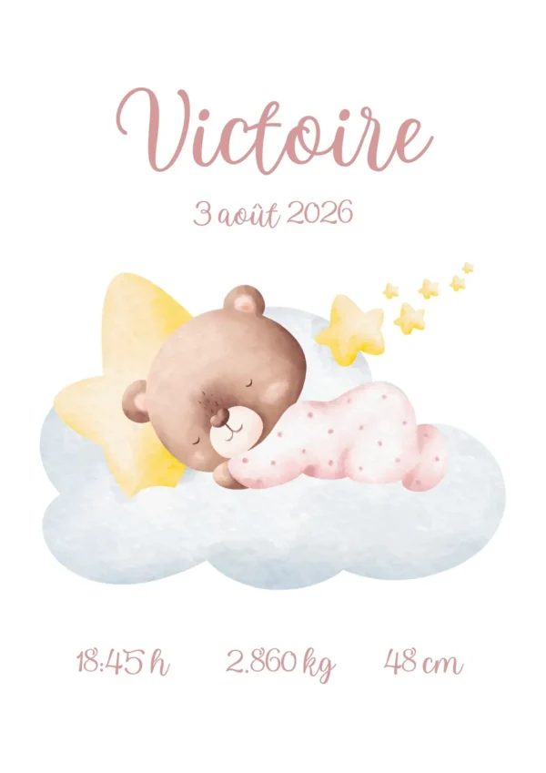 Affiche de naissance bébé ourson sur le nuage rose