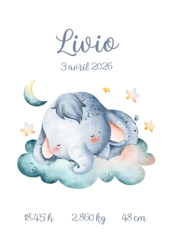 Affiche de naissance personnalisée doux rêves d’éléphant