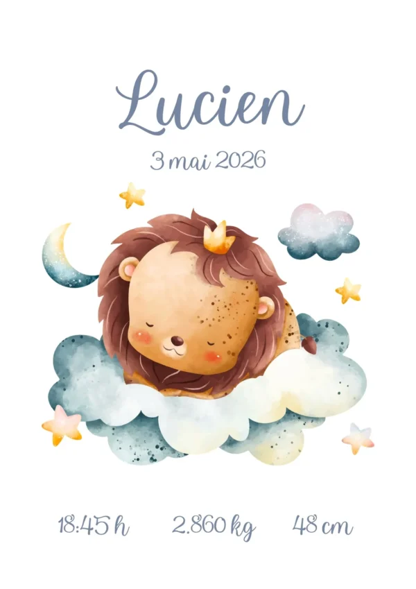 Affiche de naissance personnalisée doux rêves de lion
