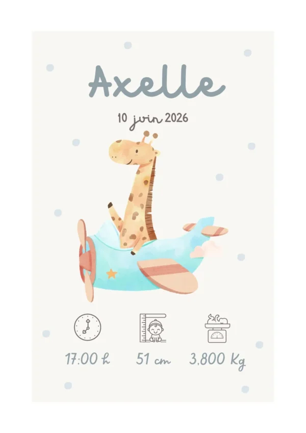 Affiche de naissance personnalisée girafe aviateur