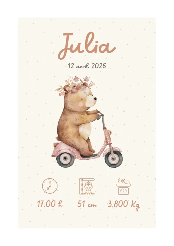 Affiche de naissance personnalisée petite ourse en promenade
