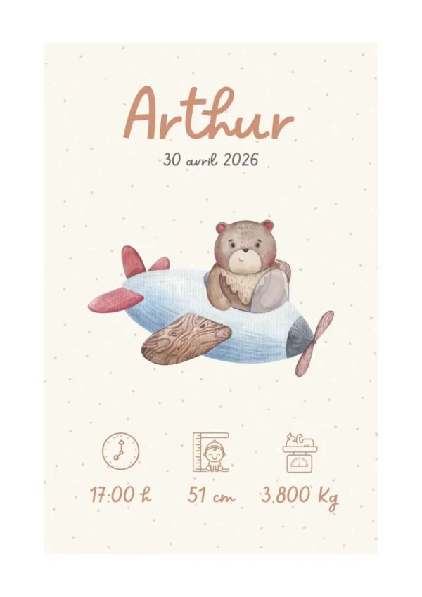 Affiche de naissance personnalisée ourson aviateur