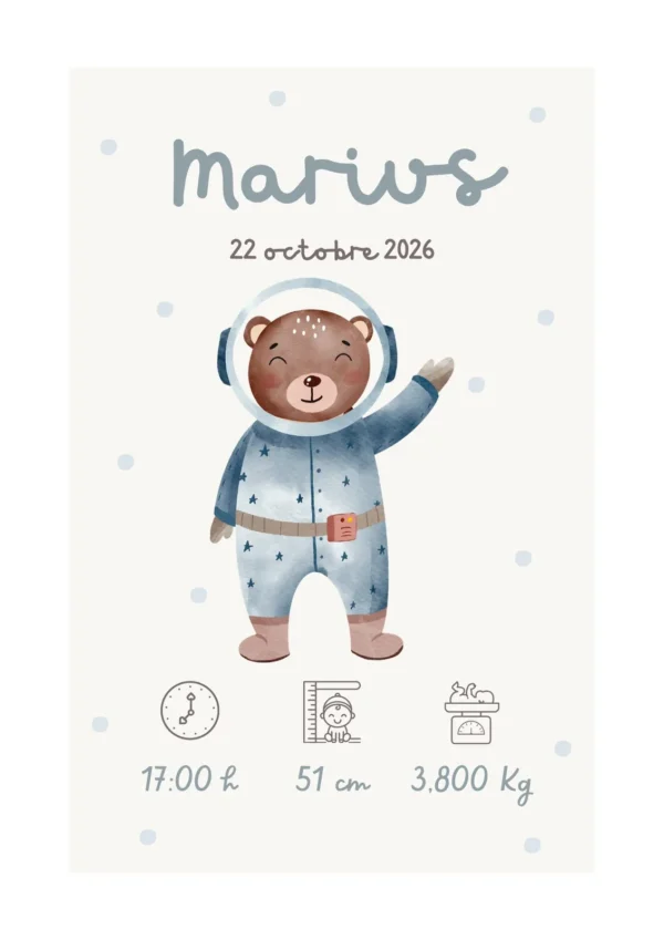 Affiche de naissance personnalisée ourson de l’espace