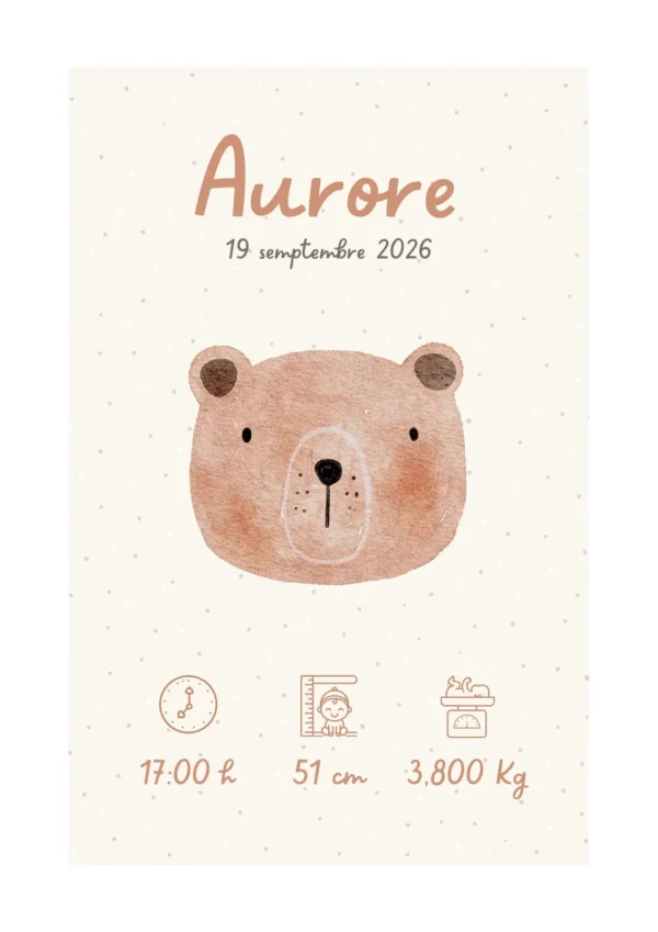 Affiche de naissance personnalisée ourson minimaliste