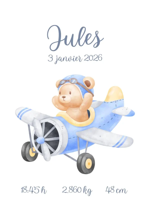 Affiche de naissance personnalisée ourson volant