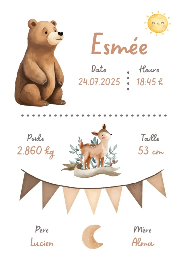 Affiche de naissance personnalisée ours de la forêt