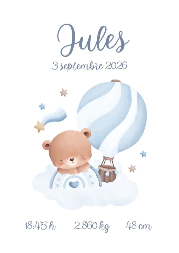 Affiche de naissance bébé ours bleu