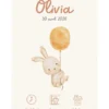 Affiche de naissance personnalisée petit lapin volant