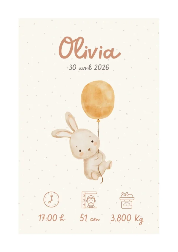 Affiche de naissance personnalisée petit lapin volant