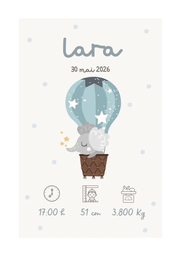 Affiche de naissance personnalisée éléphant rêveur