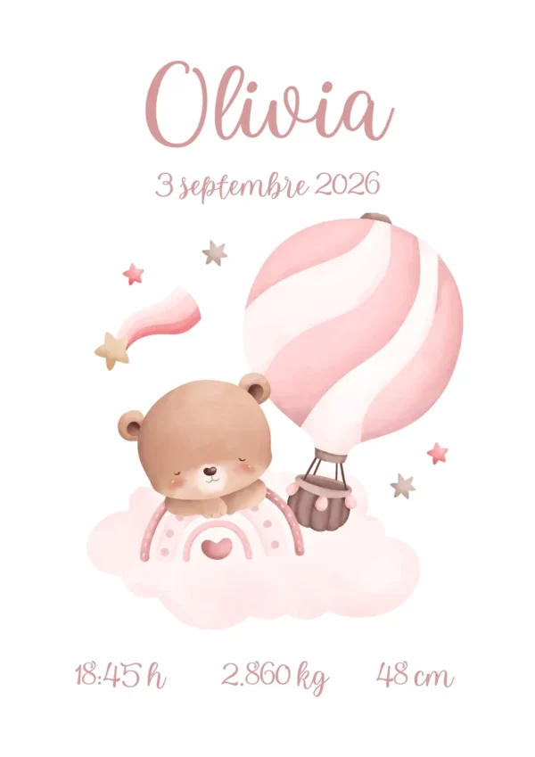 Affiche de naissance bébé ourson rose