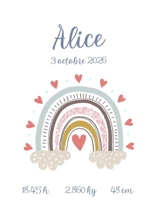 Affiche de naissance arc-en-ciel personnalisée